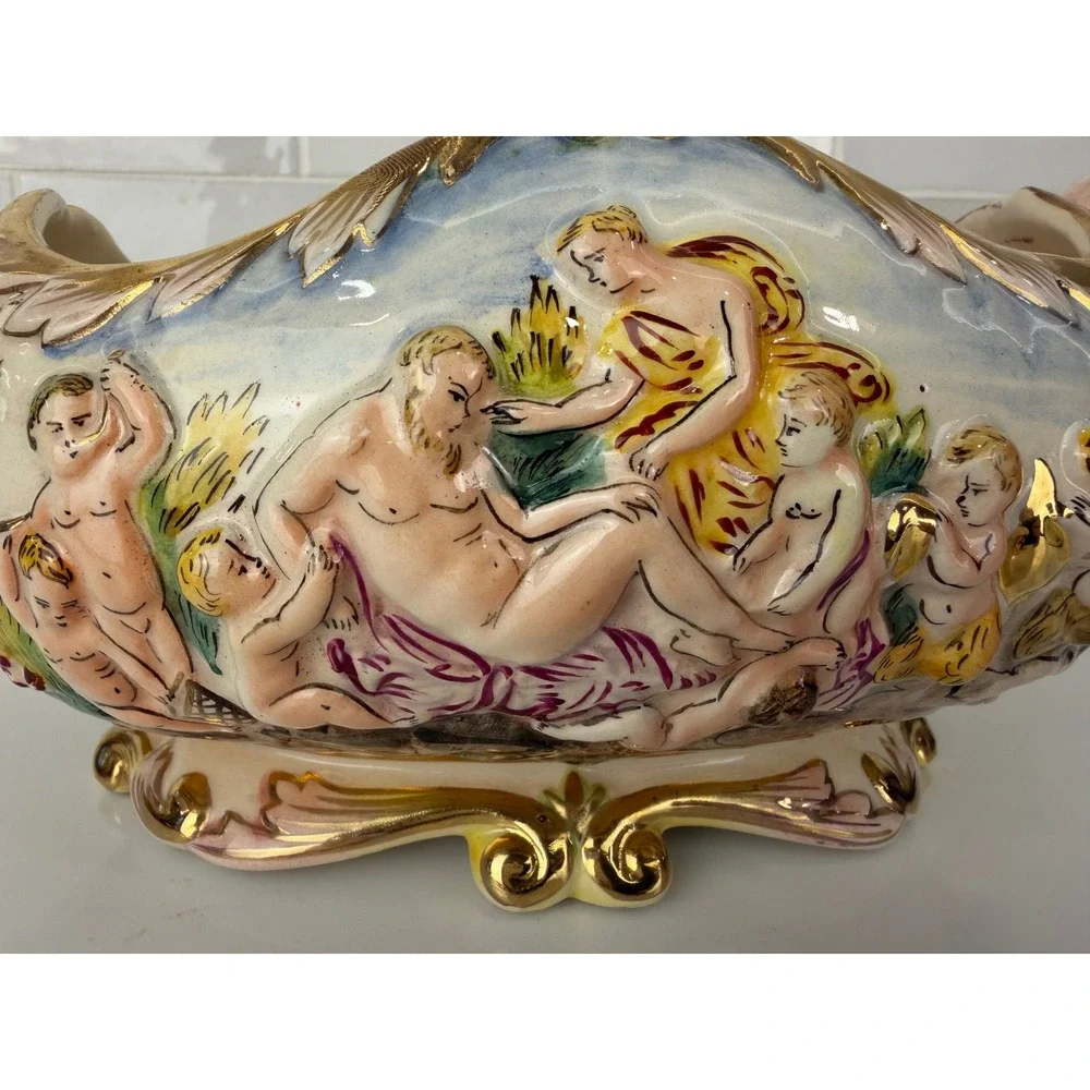 Capodimonte Italy Ceramic Centerpiece Bowl Relief Mythological Cherub Gold Gilt
